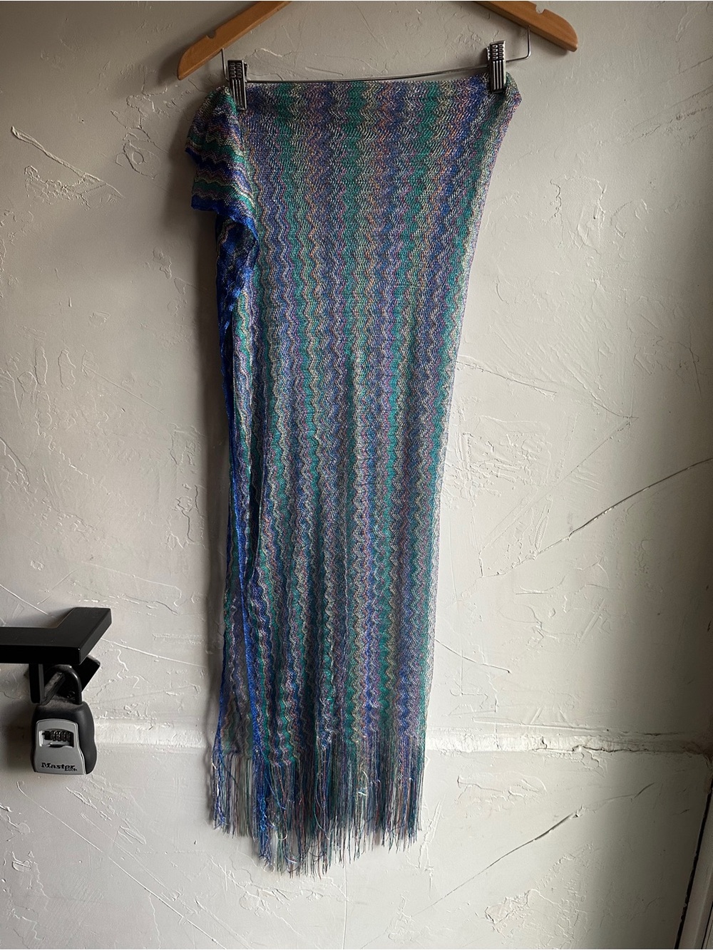 Metallic Mesh Knit Fringe Shawl Teal Blue Boho Festival Y2K Scarf 74x34